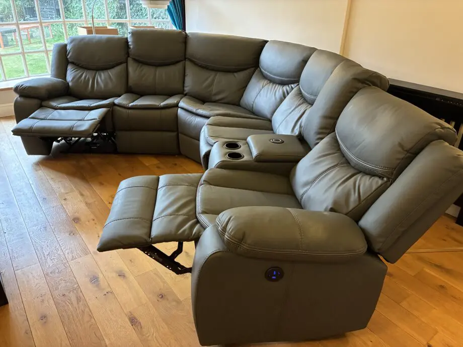 Sofashop Electric reclining leather corner sofa with chargers & cup holders