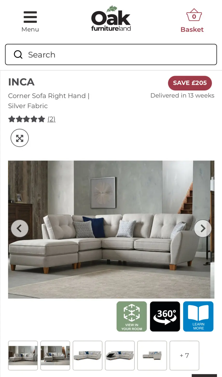 Oak Furnitureland Inca Corner Sofa Right Hand + Large Storage Footstool