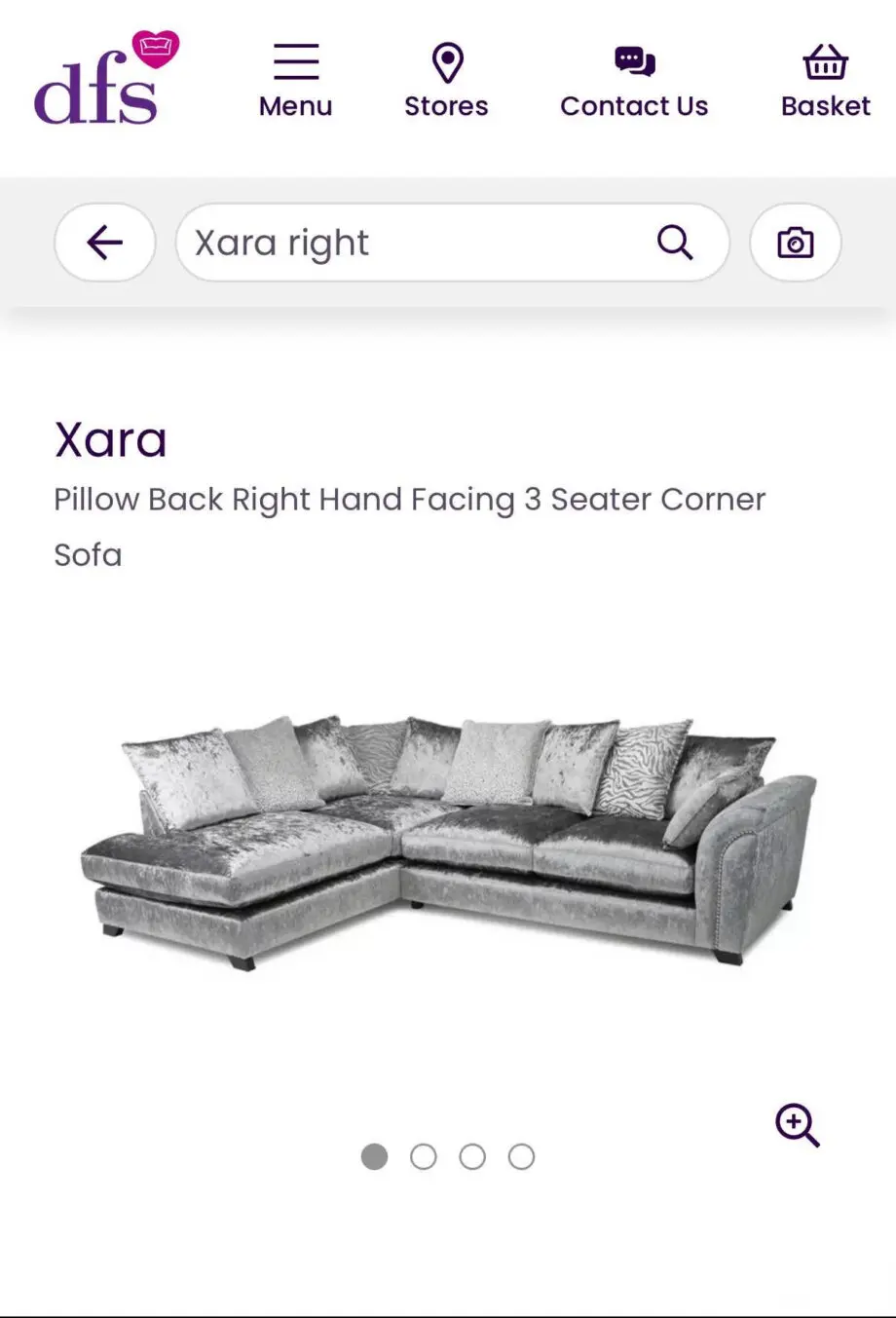 DFS Silver Grey Crushed Velvet Right Hand Corner Sofa
