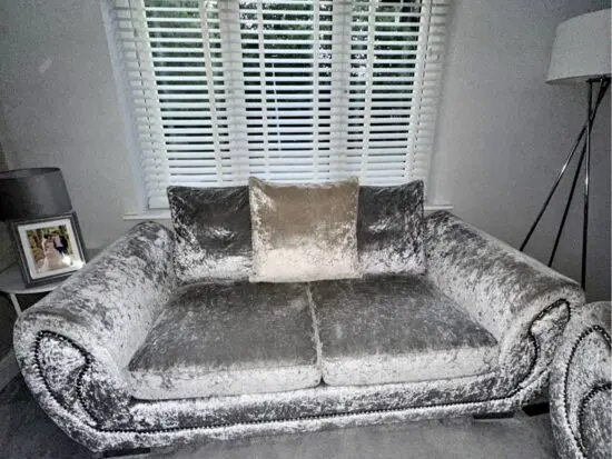2 x DFS Crushed Velvet Sofa & 1 x Rotating Love Chair