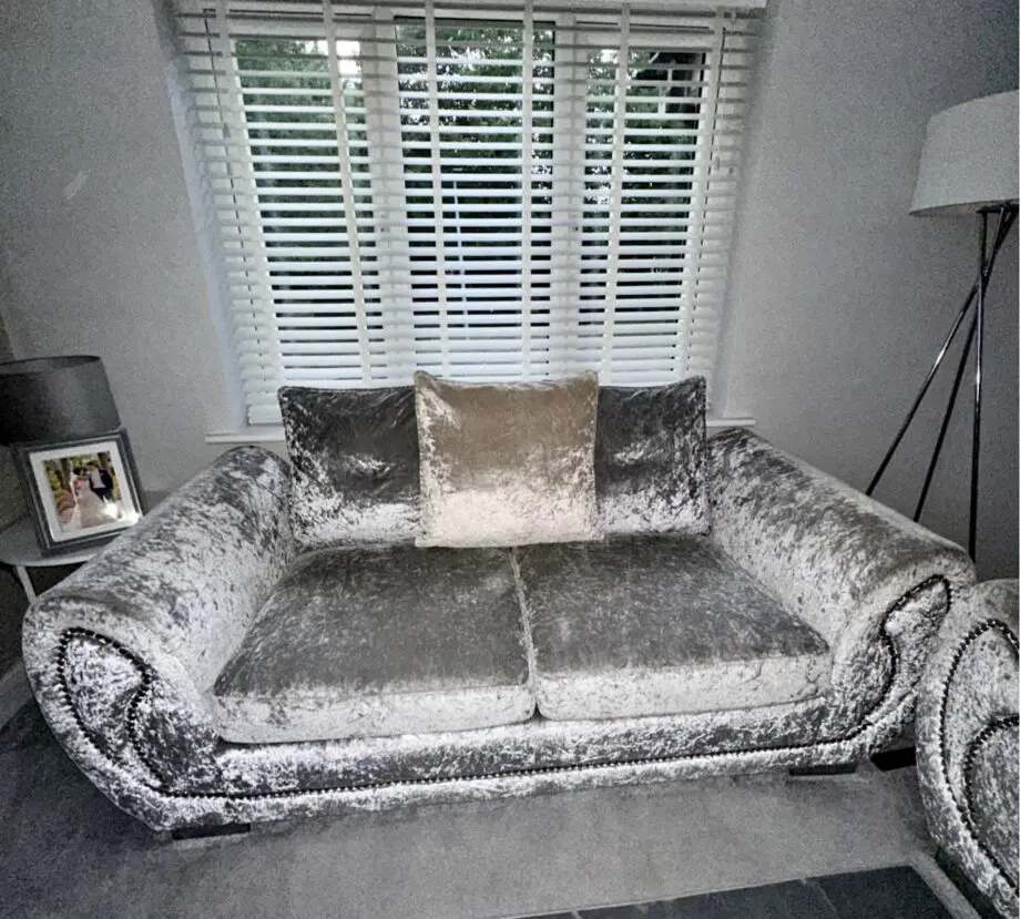 2 x DFS Crushed Velvet Sofa & 1 x Rotating Love Chair