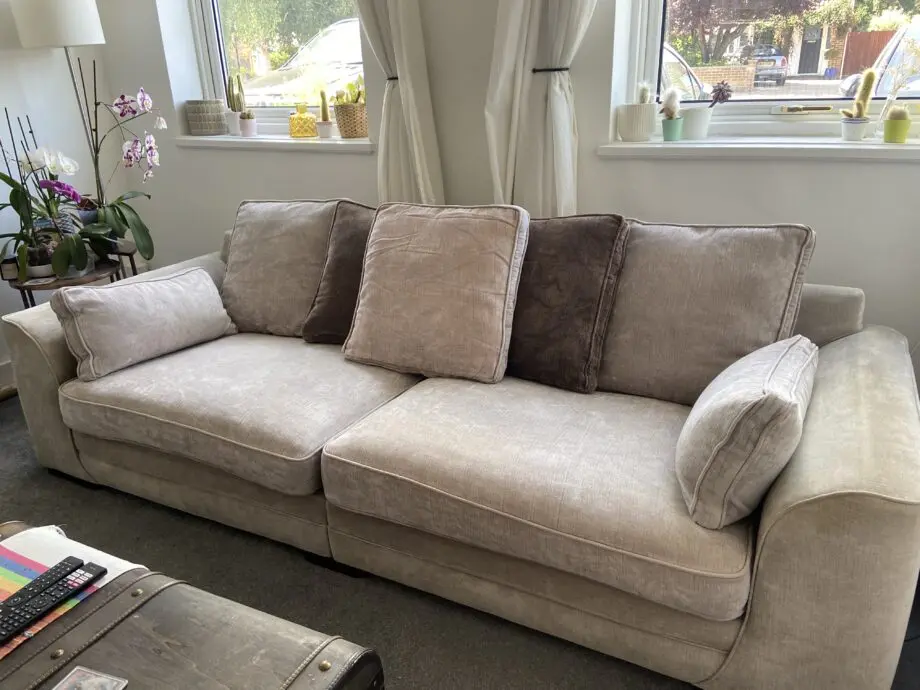 Three seater sofa, cuddle chair and footstool