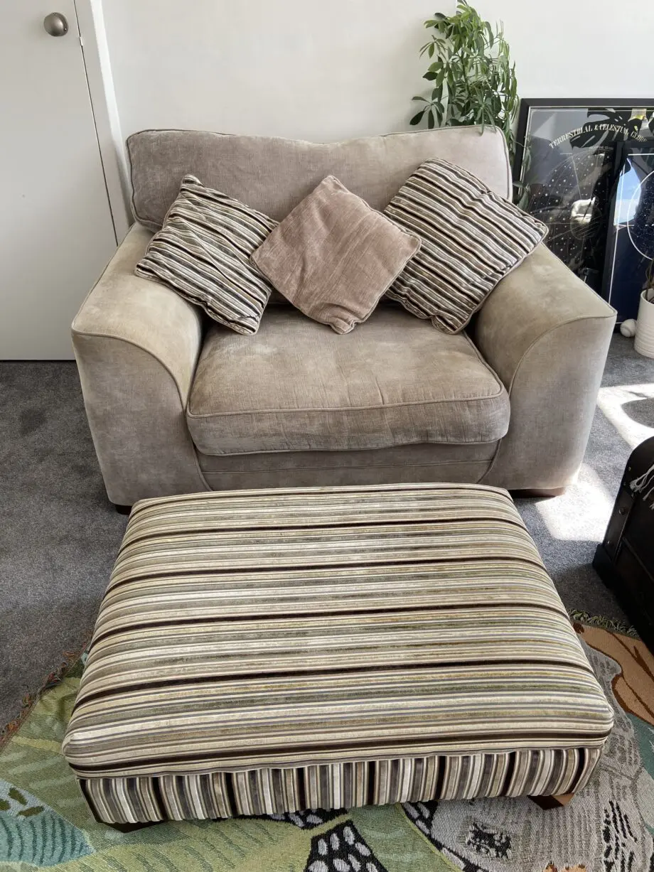 Three seater sofa, cuddle chair and footstool