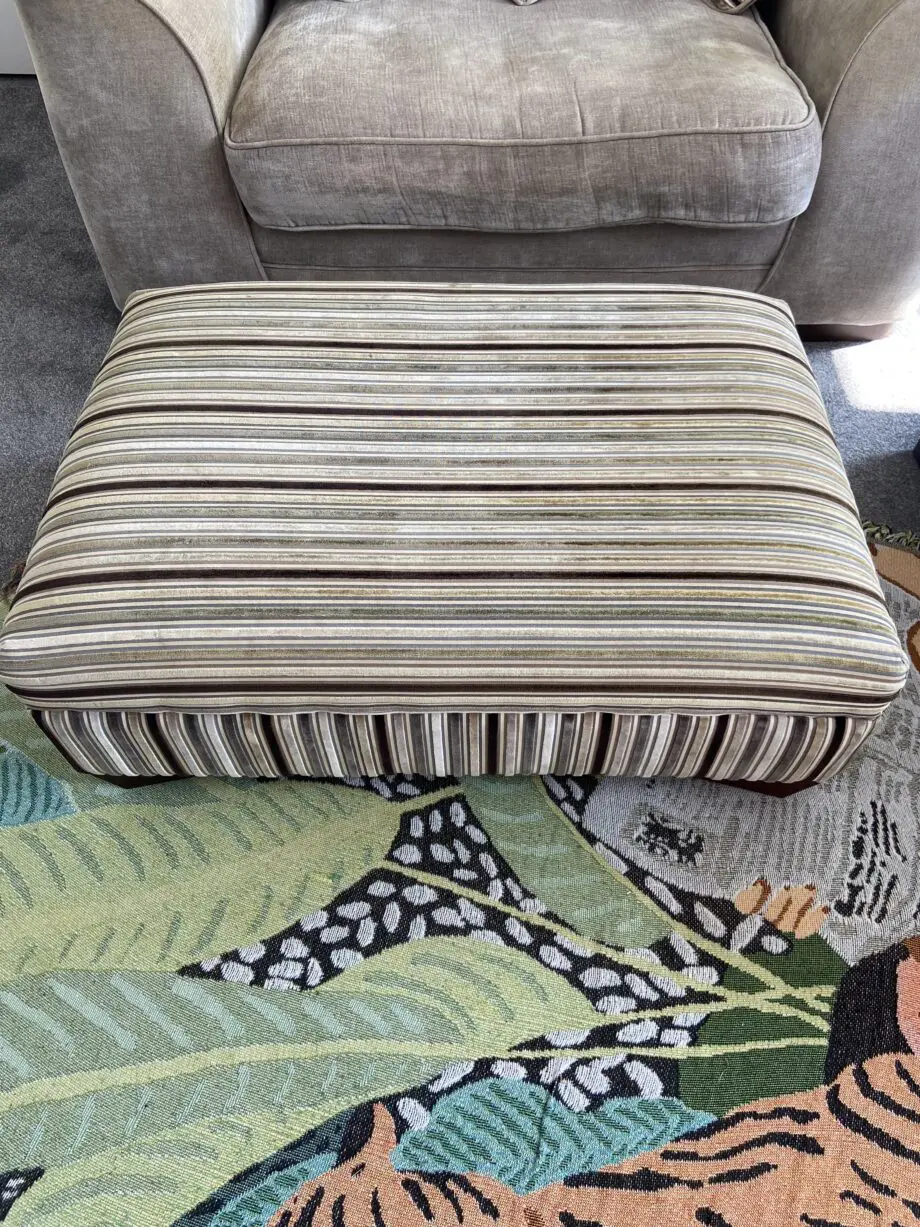 Three seater sofa, cuddle chair and footstool