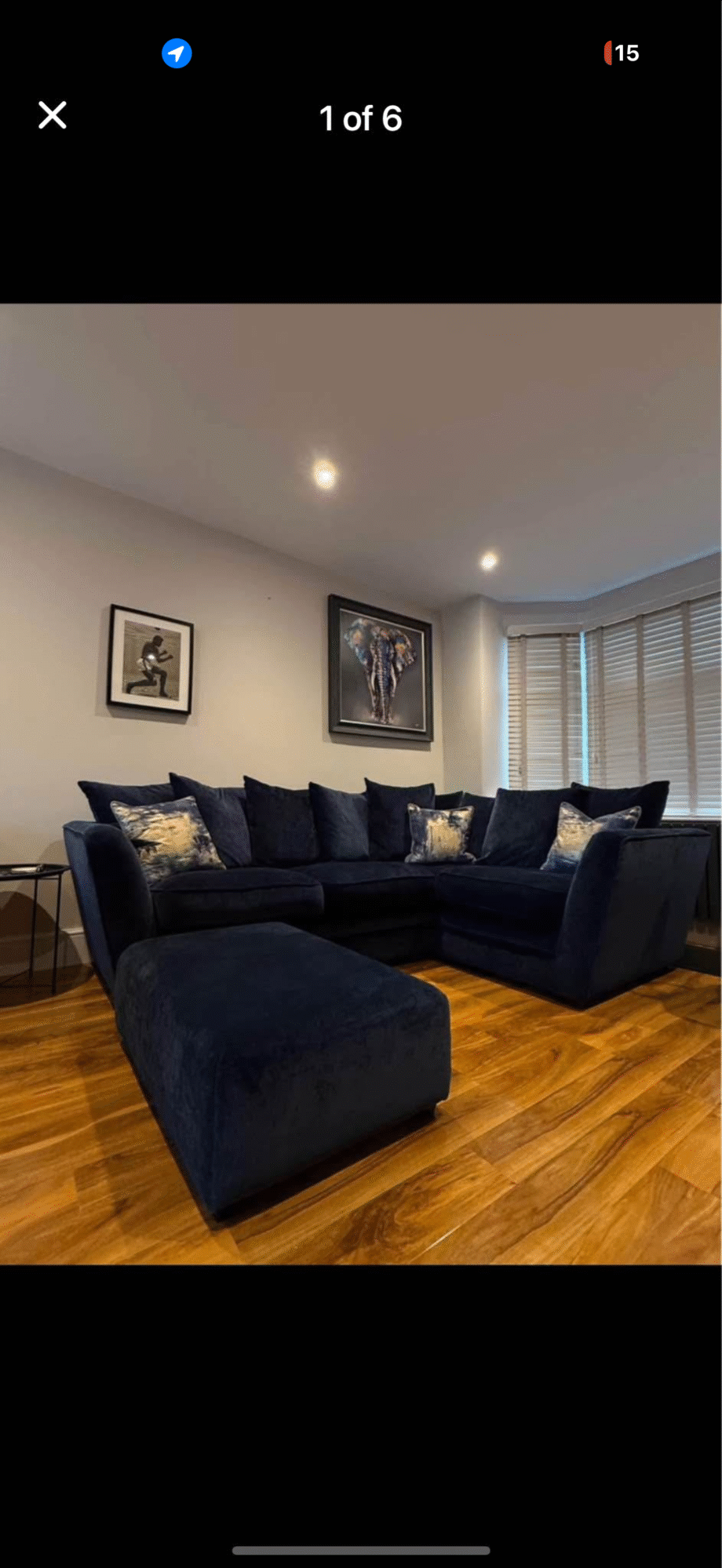Navy corner sofa and foot stool from dfs