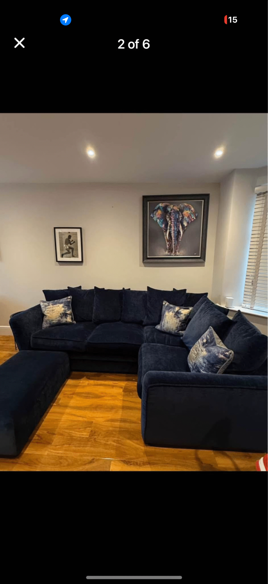 Navy corner sofa and foot stool from dfs