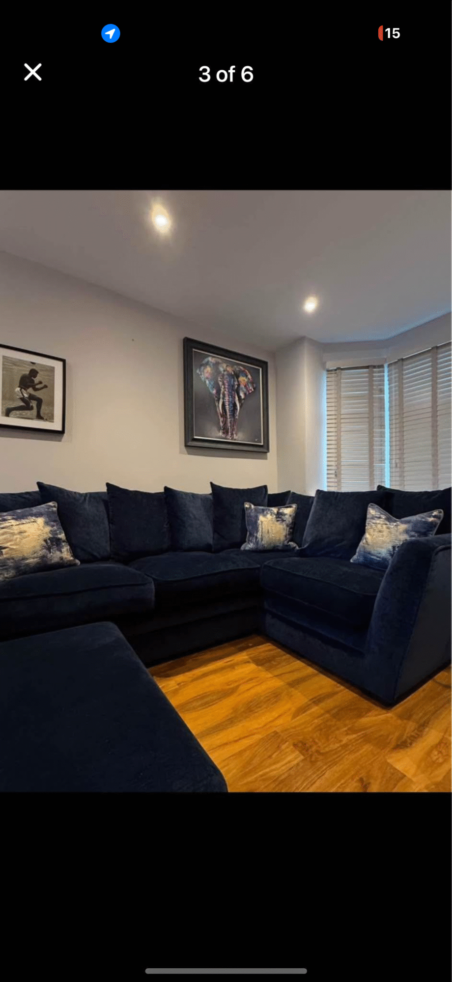 Navy corner sofa and foot stool from dfs