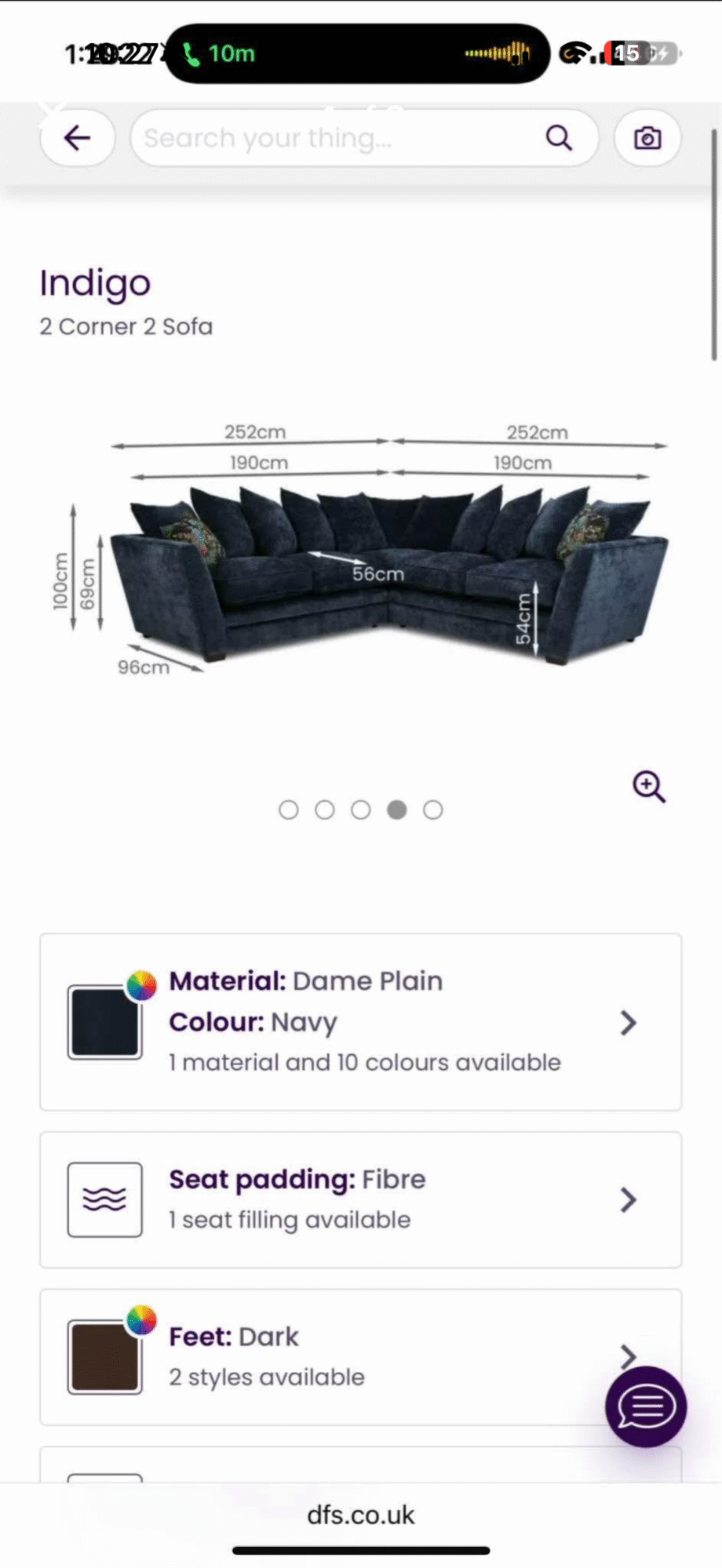 Navy corner sofa and foot stool from dfs