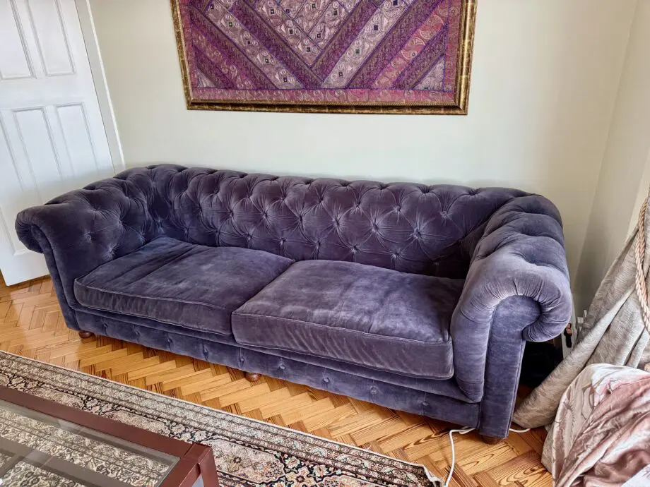 Halo Furniture Store..Chesterfield Large Blue Velvet 3 Seater Sofa with stud detailing.