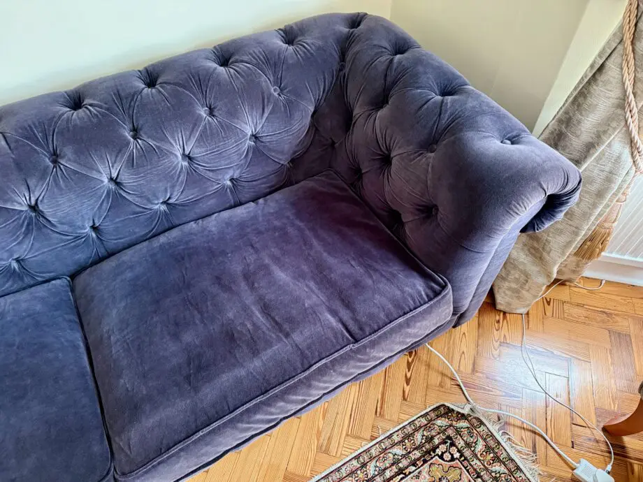 Halo Furniture Store..Chesterfield Large Blue Velvet 3 Seater Sofa with stud detailing.