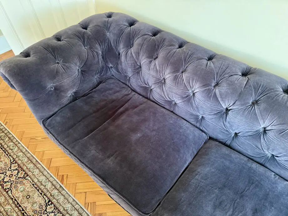 Halo Furniture Store..Chesterfield Large Blue Velvet 3 Seater Sofa with stud detailing.