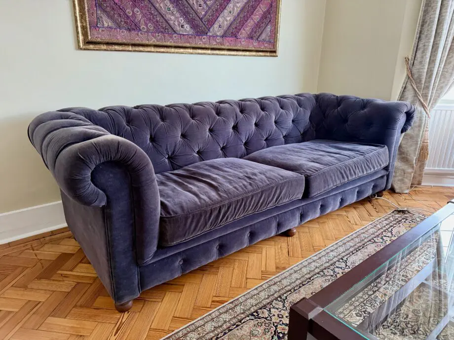 Halo Furniture Store..Chesterfield Large Blue Velvet 3 Seater Sofa with stud detailing.