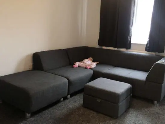 DFS modular L corner sofa set with footstool & storage pouffe