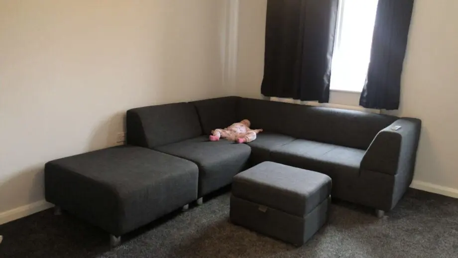 DFS modular L corner sofa set with footstool & storage pouffe