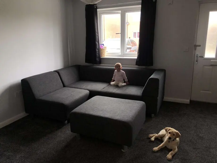 DFS modular L corner sofa set with footstool & storage pouffe