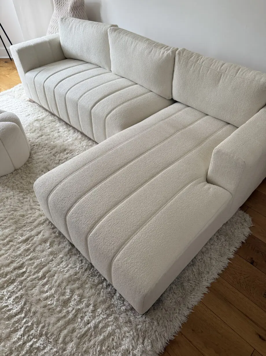 Belsize beige boucle sofa with wooden base, large chaise right hand facing