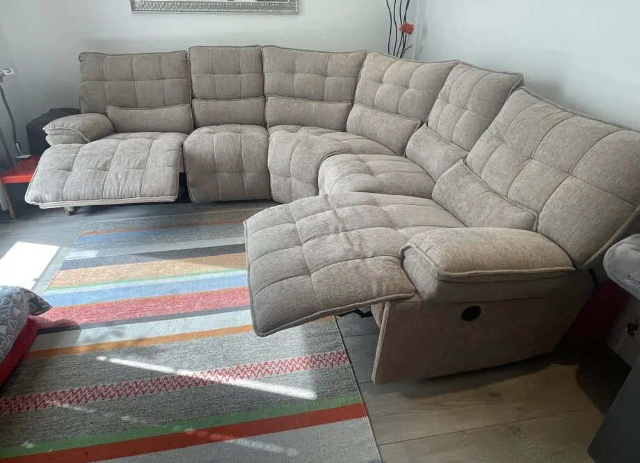 Nearly new corner sofa, mink, electric recliners & built in USB