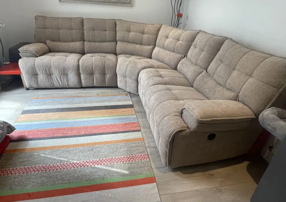 Nearly new corner sofa, mink, electric recliners & built in USB