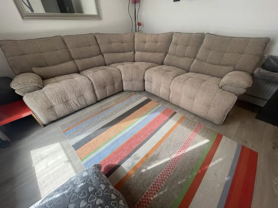 Nearly new corner sofa, mink, electric recliners & built in USB