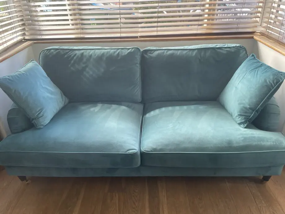 3 seater and 2 seater teal velvet sofas
