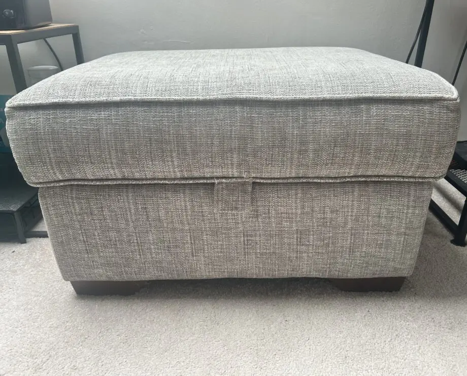 Sofology Grey 4-seater sofa with matching loose side cushions, snuggle chair and footstool with storage