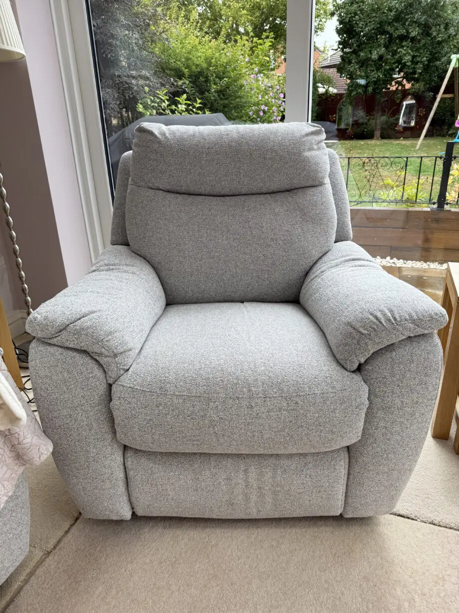 Furniture Village Grey with white weave 3 seater settee and 2 electric recliner chairs