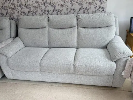 Furniture Village Grey with white weave 3 seater settee and 2 electric recliner chairs