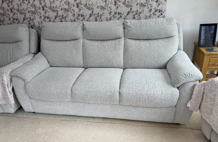 Furniture Village Grey with white weave 3 seater settee and 2 electric recliner chairs