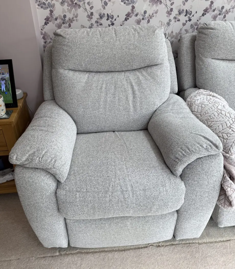 Furniture Village Grey with white weave 3 seater settee and 2 electric recliner chairs