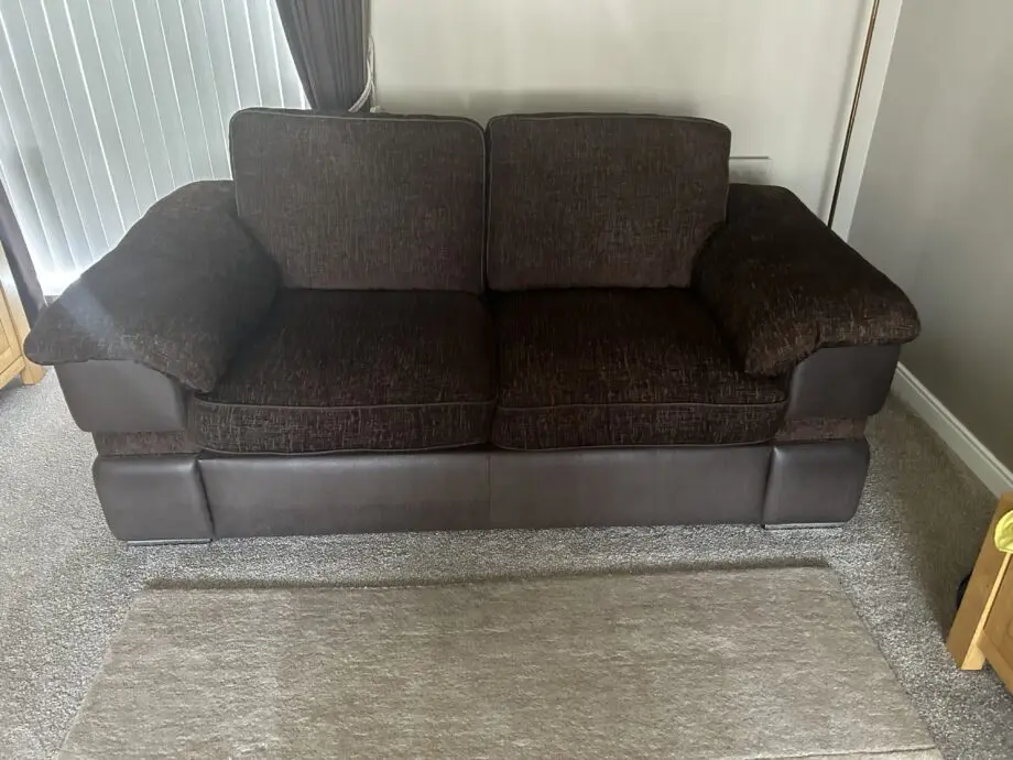 Brown corner sofa, two seater sofa & storage footstool