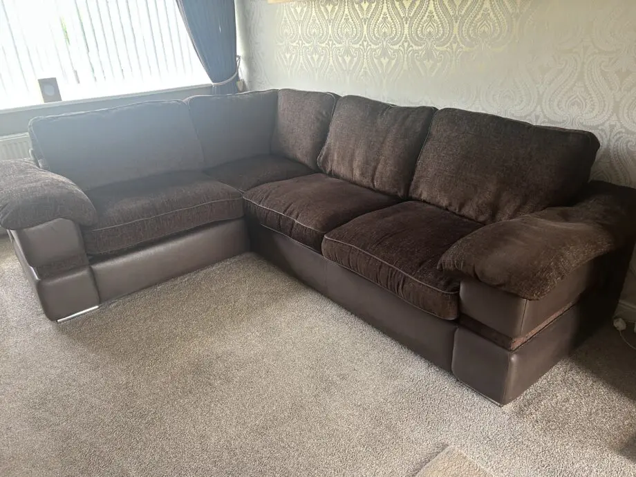 Brown corner sofa, two seater sofa & storage footstool