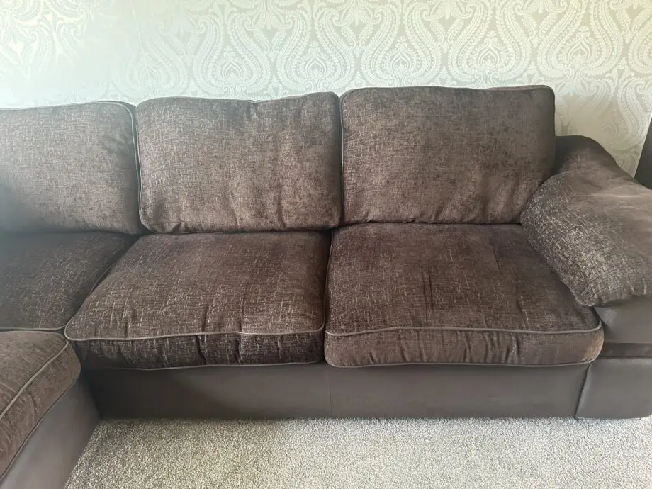Brown corner sofa, two seater sofa & storage footstool