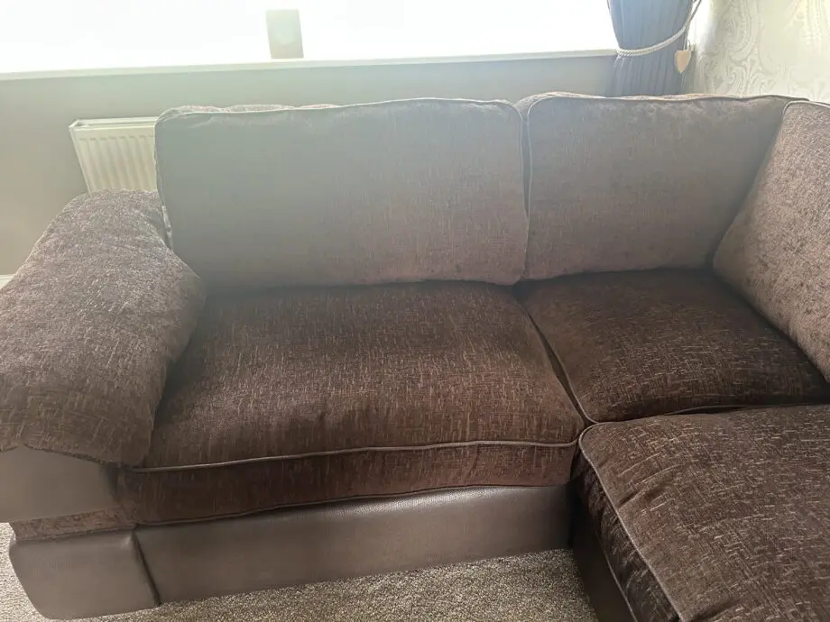Brown corner sofa, two seater sofa & storage footstool