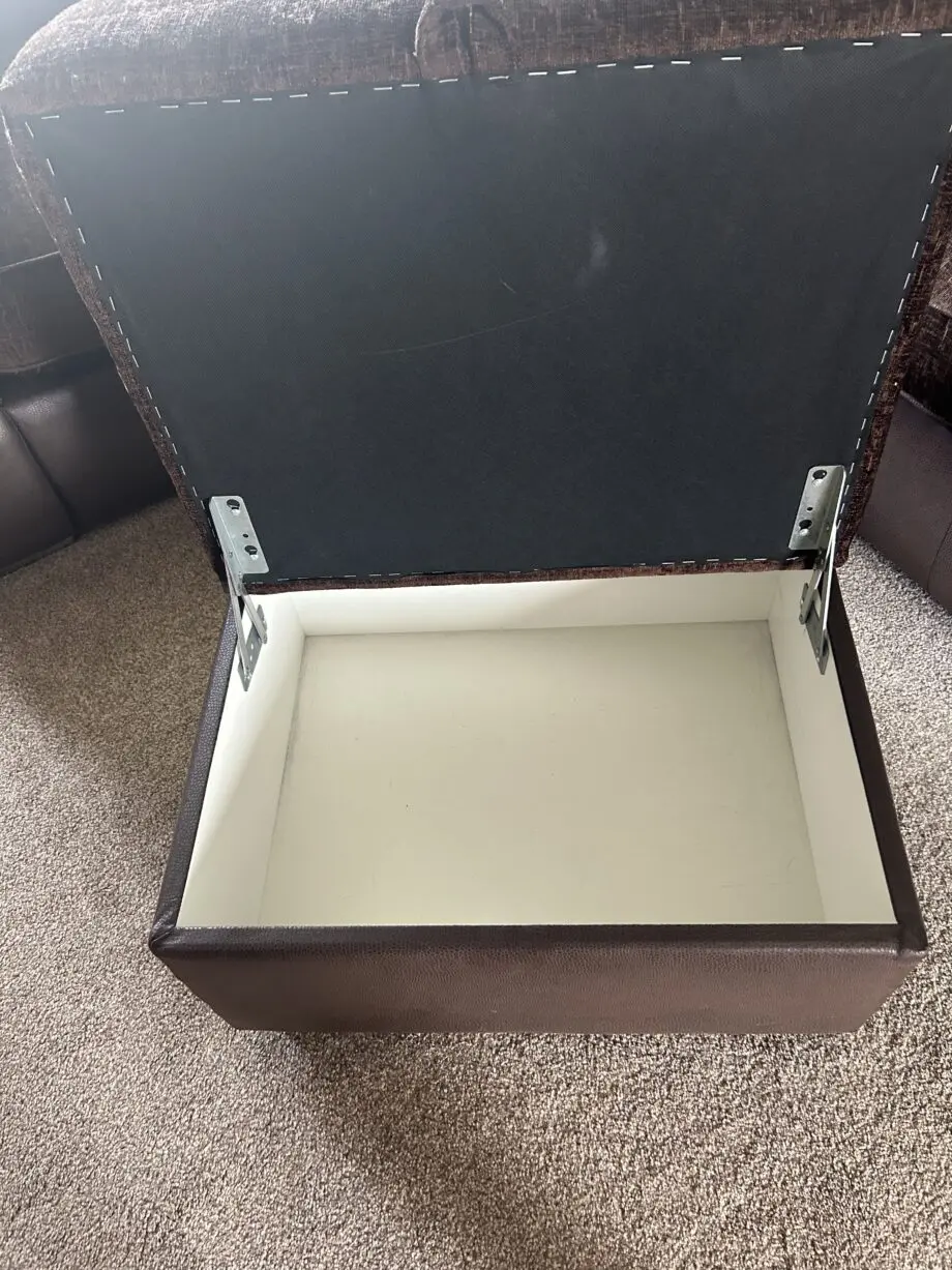 Brown corner sofa, two seater sofa & storage footstool