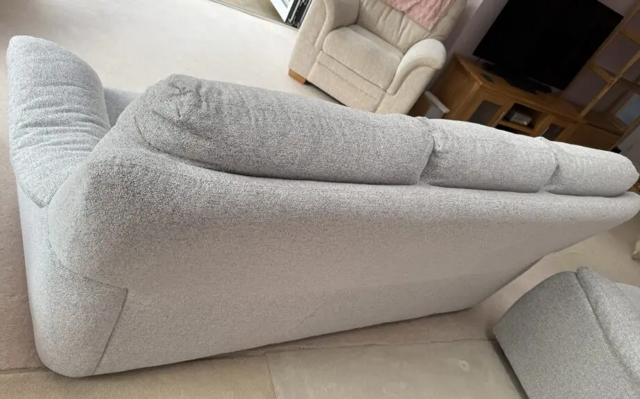 Furniture Village Grey with white weave 3 seater settee and 2 electric recliner chairs