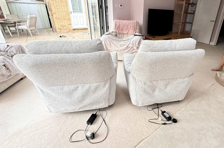 Furniture Village Grey with white weave 3 seater settee and 2 electric recliner chairs