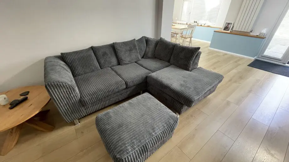 Grey cord 3 seater chaise sofa