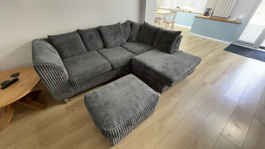 Grey cord 3 seater chaise sofa