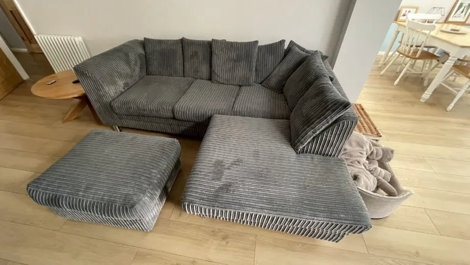 Grey cord 3 seater chaise sofa