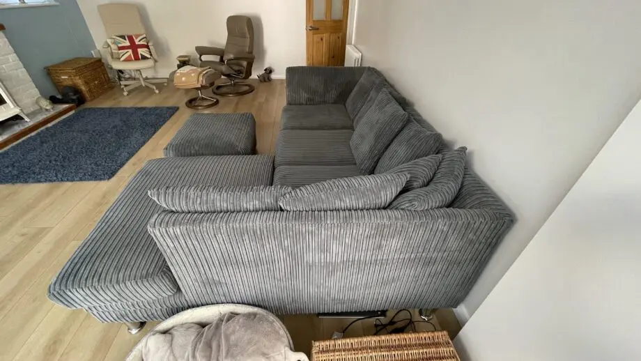 Grey cord 3 seater chaise sofa
