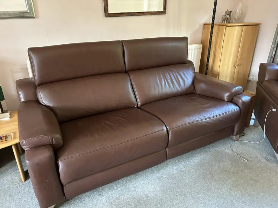 Parker Knoll large 2 seater sofa, 2 chairs, footstool. Evolution 1701 power recliner. Brown leather