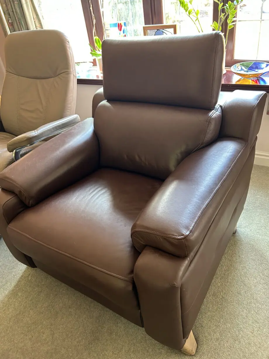 Parker Knoll large 2 seater sofa, 2 chairs, footstool. Evolution 1701 power recliner. Brown leather