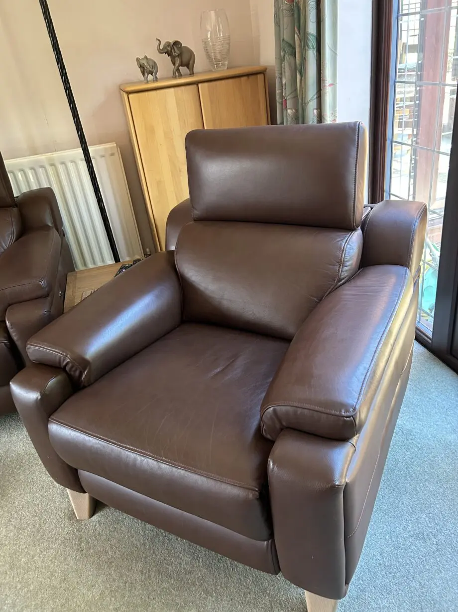Parker Knoll large 2 seater sofa, 2 chairs, footstool. Evolution 1701 power recliner. Brown leather