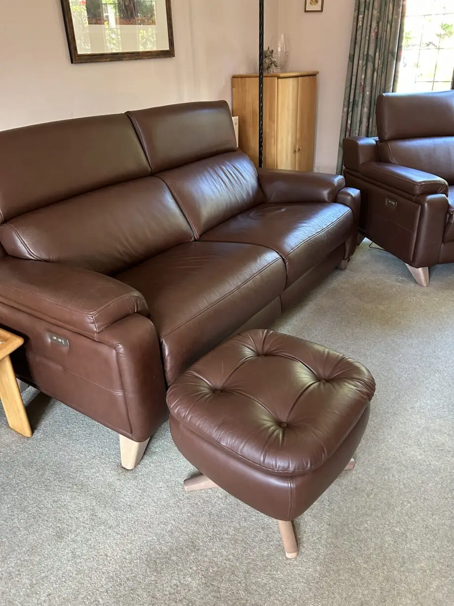 Parker Knoll large 2 seater sofa, 2 chairs, footstool. Evolution 1701 power recliner. Brown leather