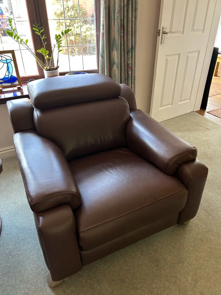 Parker Knoll large 2 seater sofa, 2 chairs, footstool. Evolution 1701 power recliner. Brown leather