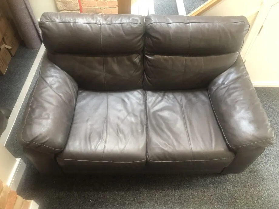 DFS Leather Mocha 2 Seater Sofa with wooden feet