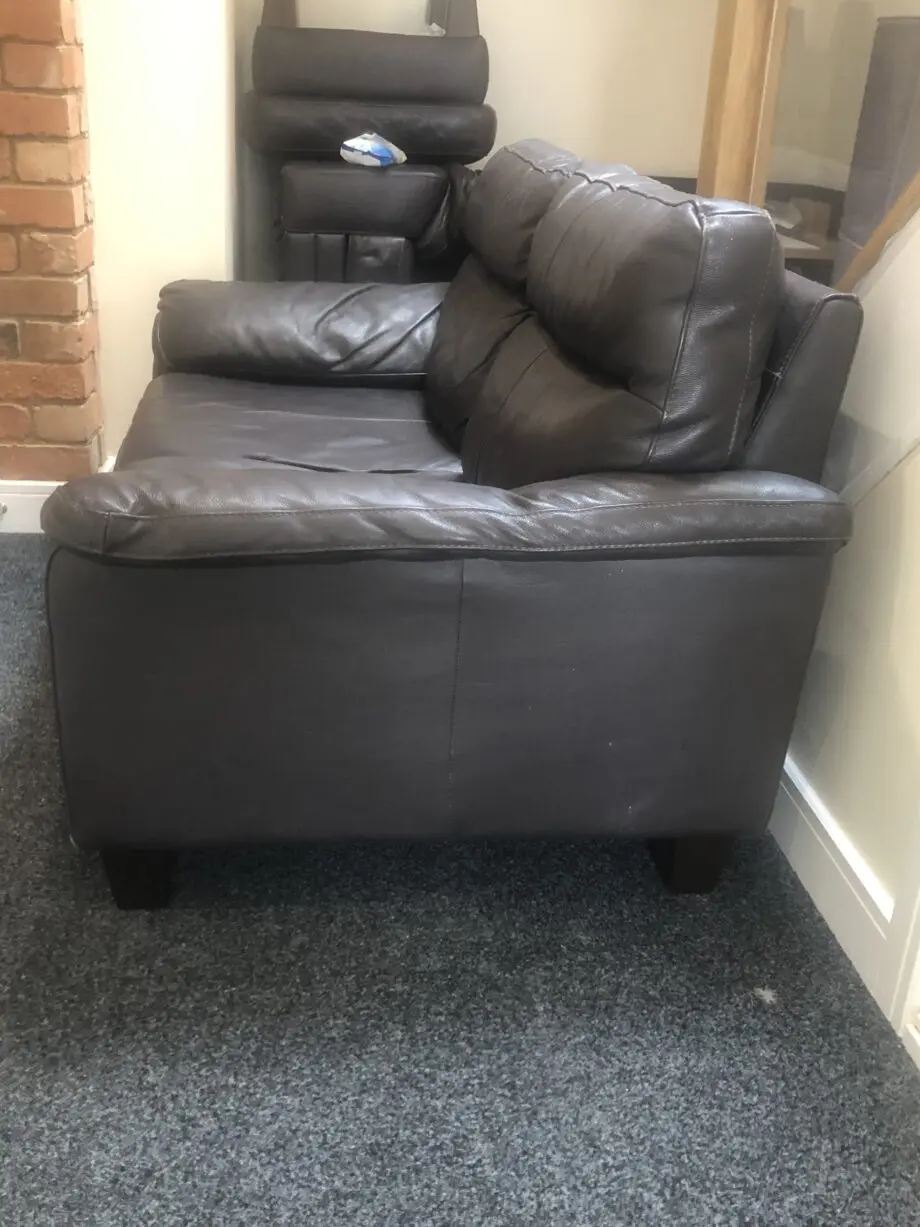 DFS Leather Mocha 2 Seater Sofa with wooden feet