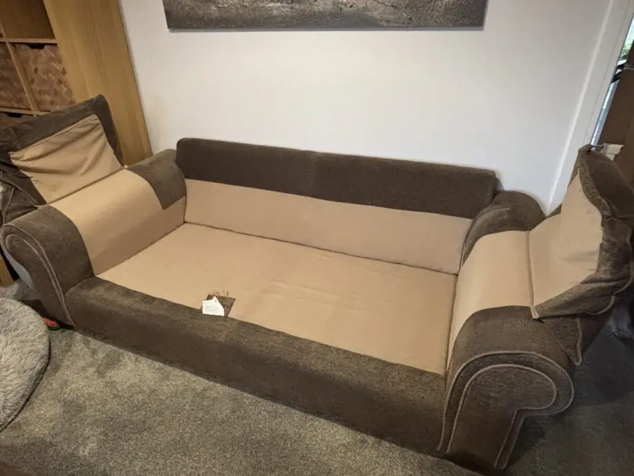 3 seater sofa, swivel chair and half moon footstool