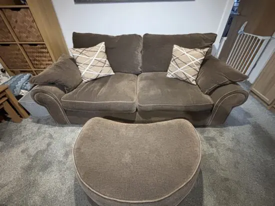 3 seater sofa, swivel chair and half moon footstool