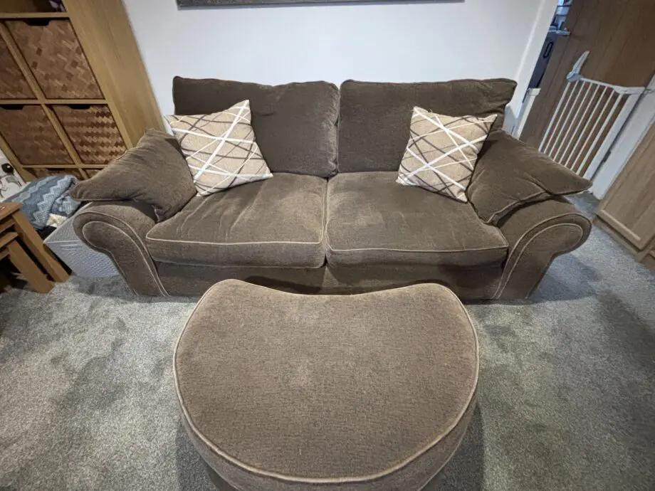 3 seater sofa, swivel chair and half moon footstool